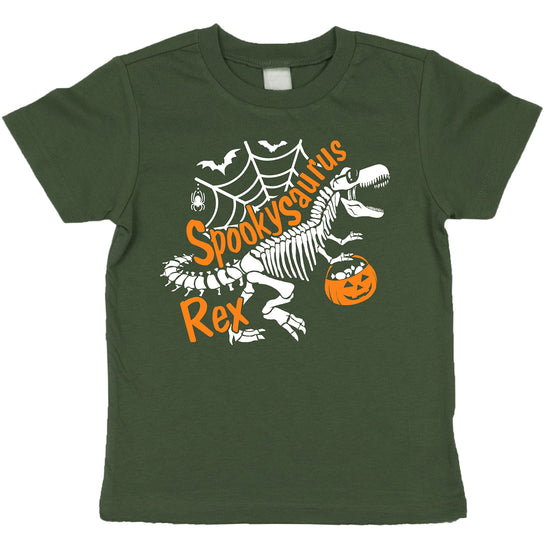 Kids vintage burgundy Halloween tee with white skeleton dinosaur trick or treat graphic print