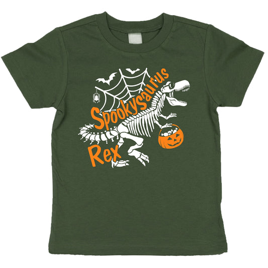 Kids vintage burgundy Halloween tee with white skeleton dinosaur trick or treat graphic print