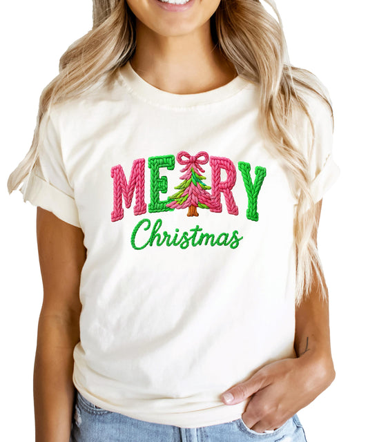 Ink Printed Image NOT a Yarn Patch - Trendy Faux Yarn Merry Christmas Graphic Shirt