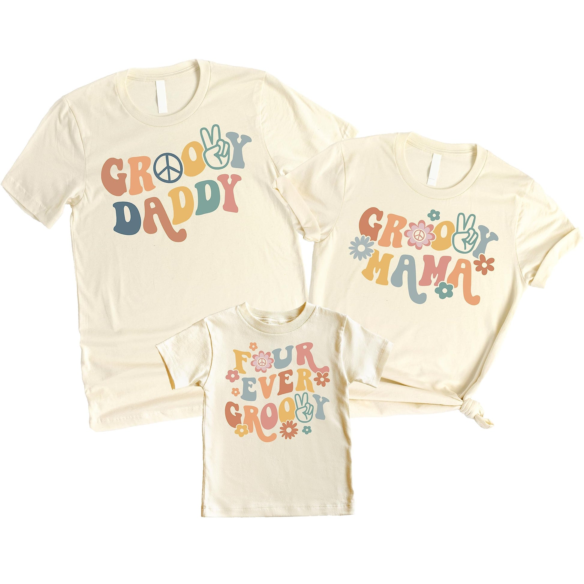 Close-up of groovy birthday graphic print with bold retro 70s-inspired design