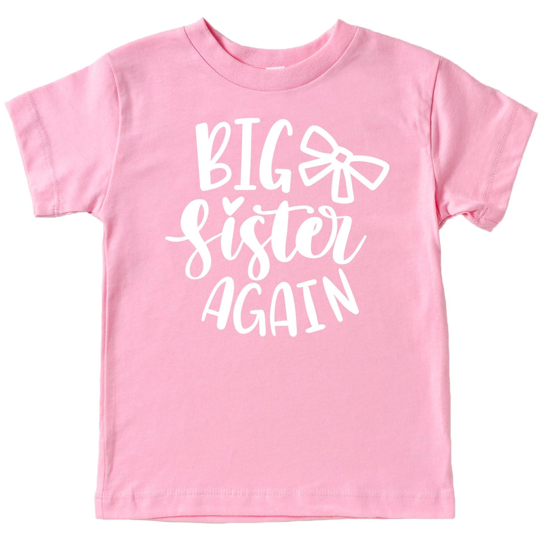 Close-up of Big Sister Again bow print on mauve girls sibling reveal shirt