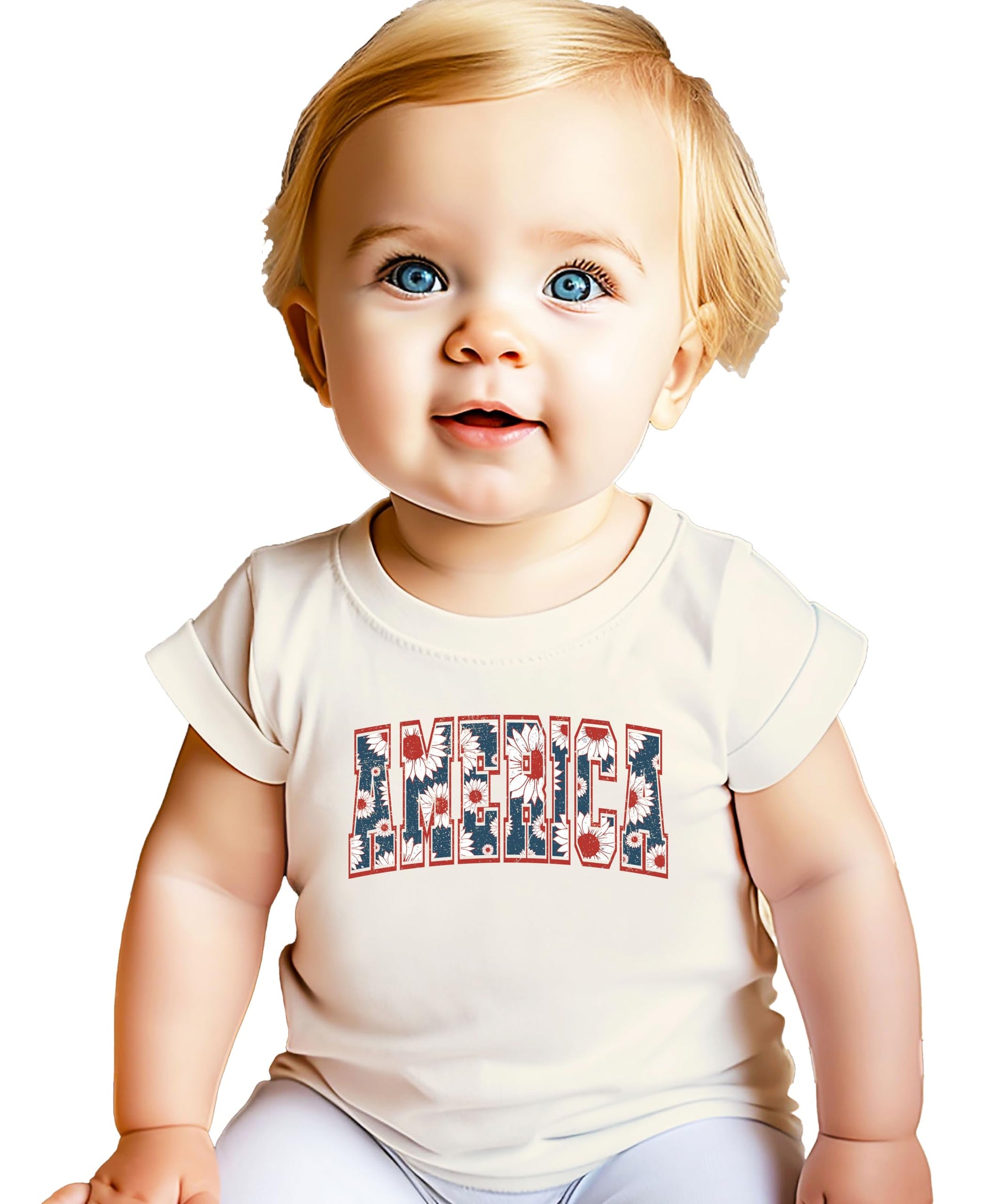 Toddler girl wearing America sunflower patriotic tee perfect for 4th of July