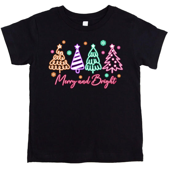 Black Christmas graphic tee with electric neon Merry and Bright tree design for women and kids