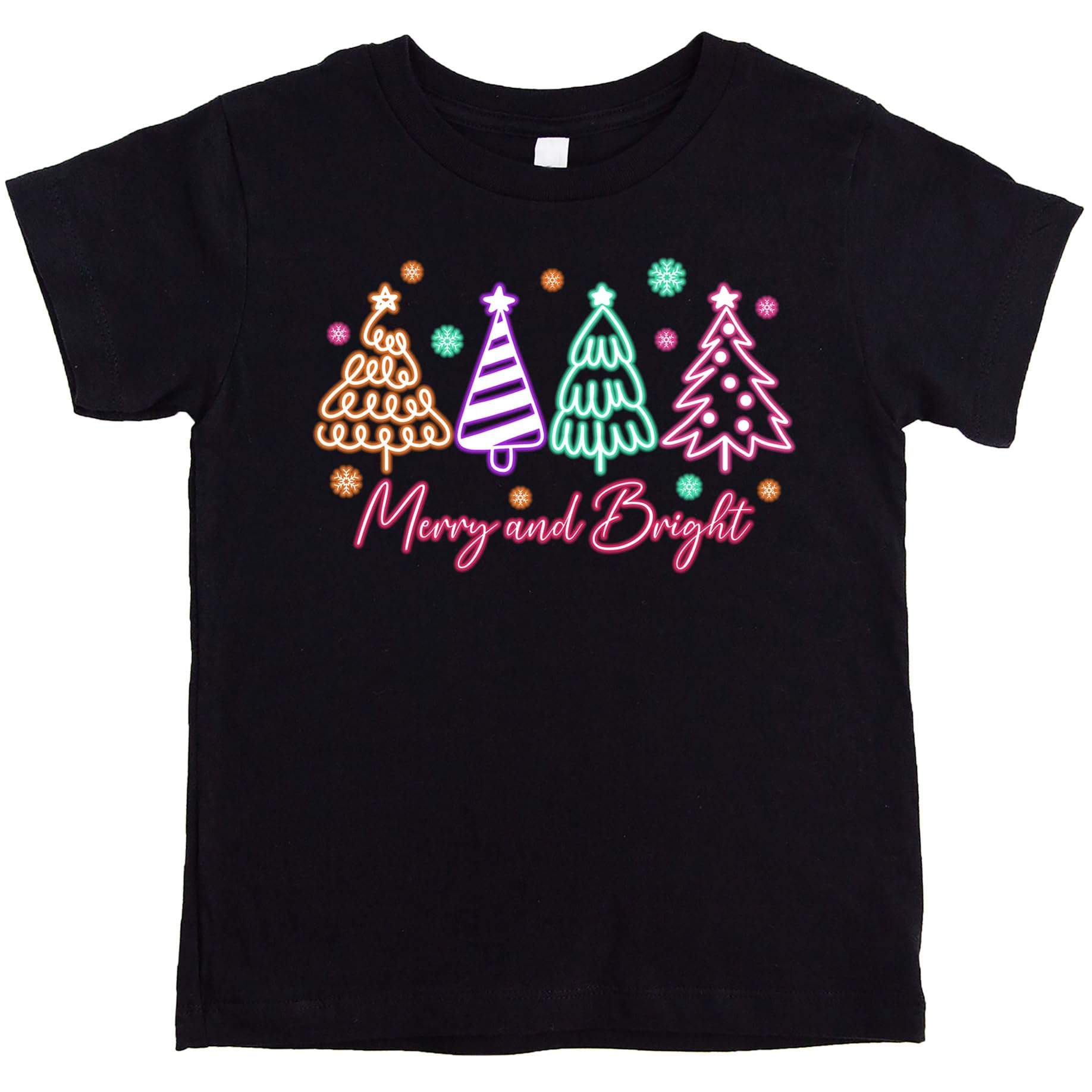Black Christmas graphic tee with electric neon Merry and Bright tree design for women and kids