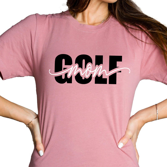 Golf Mom tee shirt lifestyle image showing casual styling