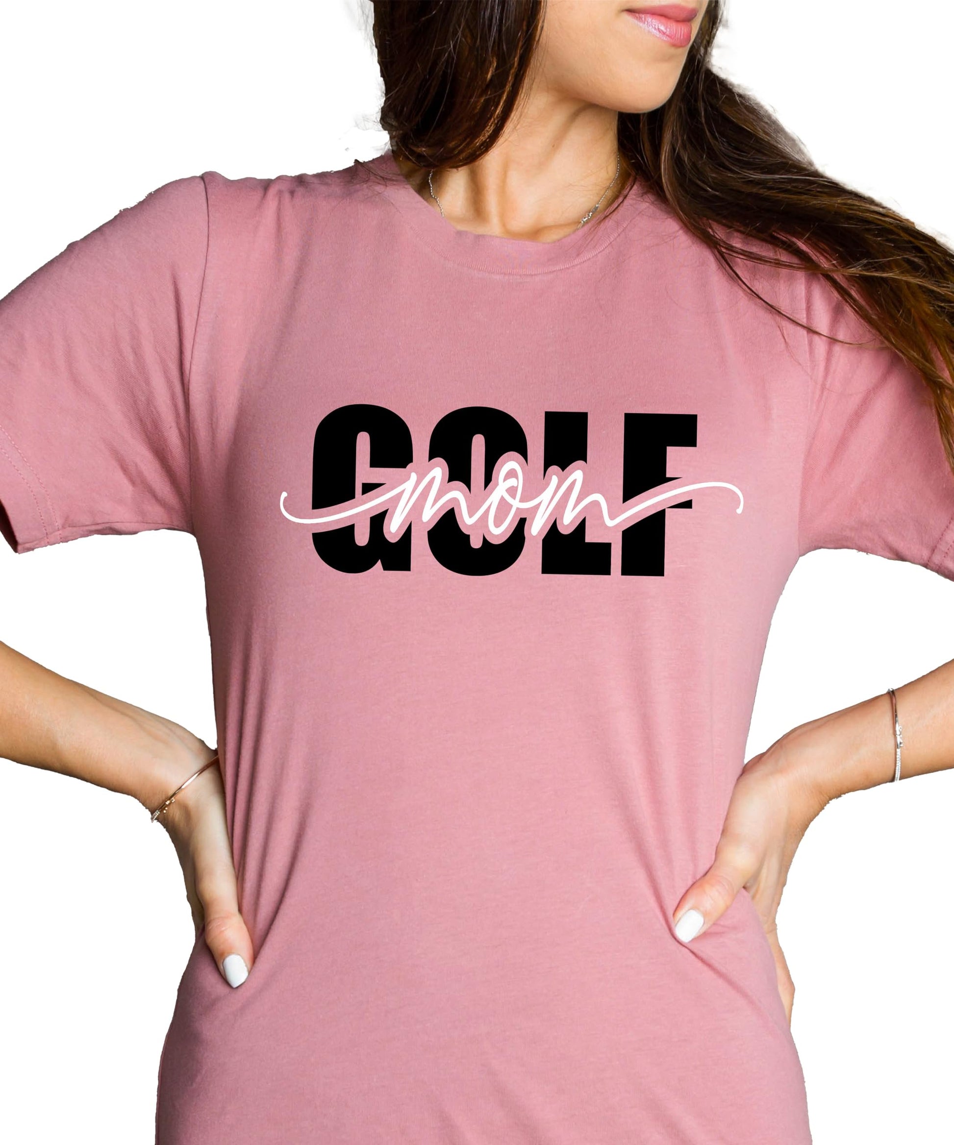 Golf Mom tee shirt lifestyle image showing casual styling