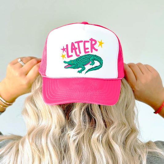 Later Gator Trucker Hat for Women Funny Alligator Foam Front Classic 5 Panel Mesh Snapback White / White Trucker Hat