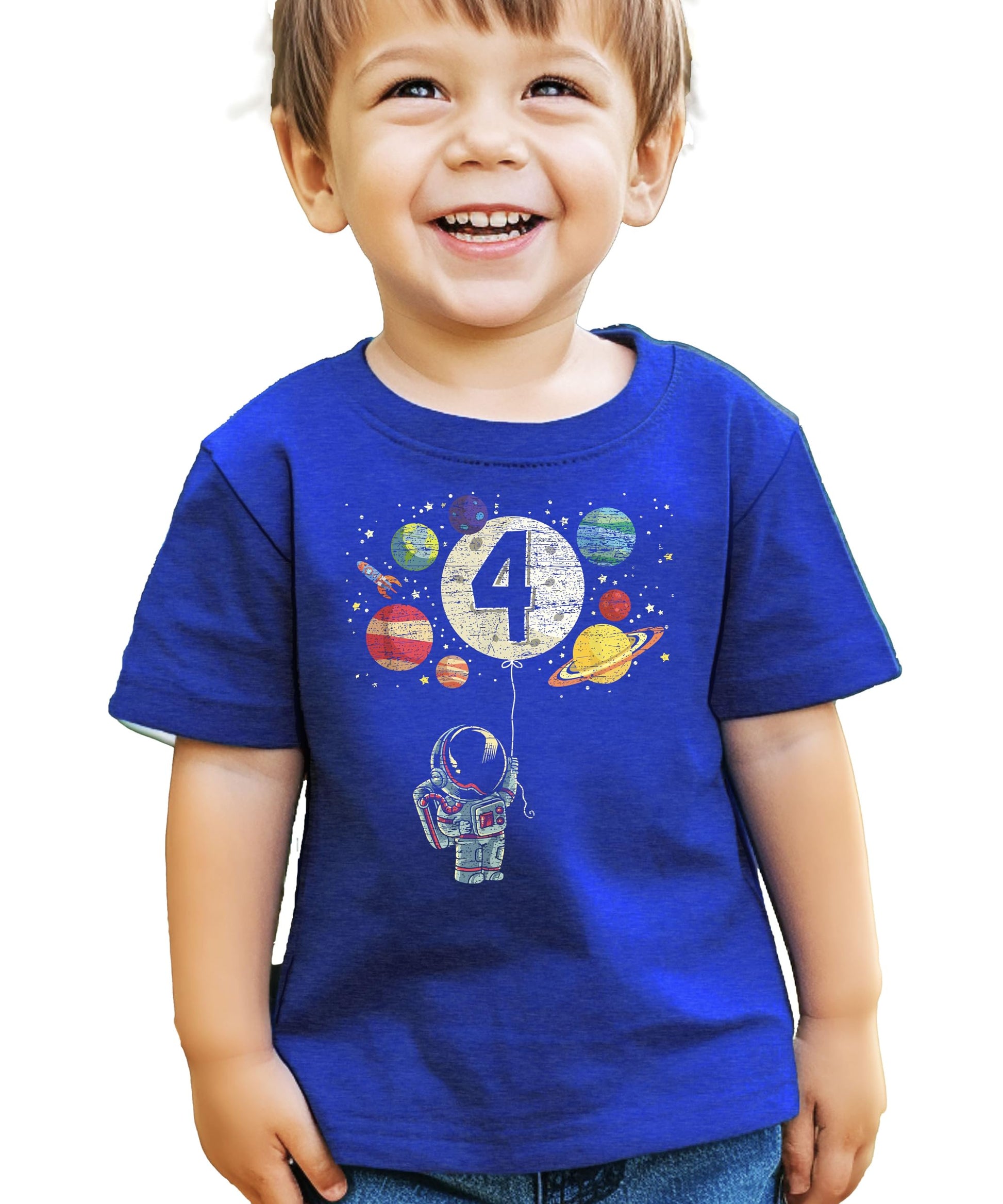 Flat lay of black toddler tee with colorful astronaut rocket and planets birthday graphic