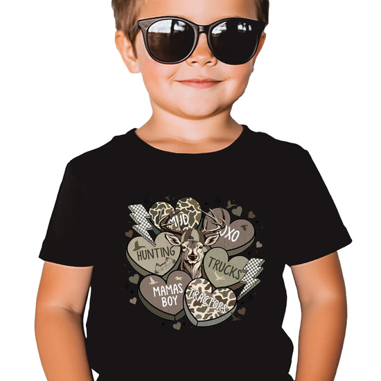 Youth Valentine's Day shirt with camo conversation hearts print on black tee, front view