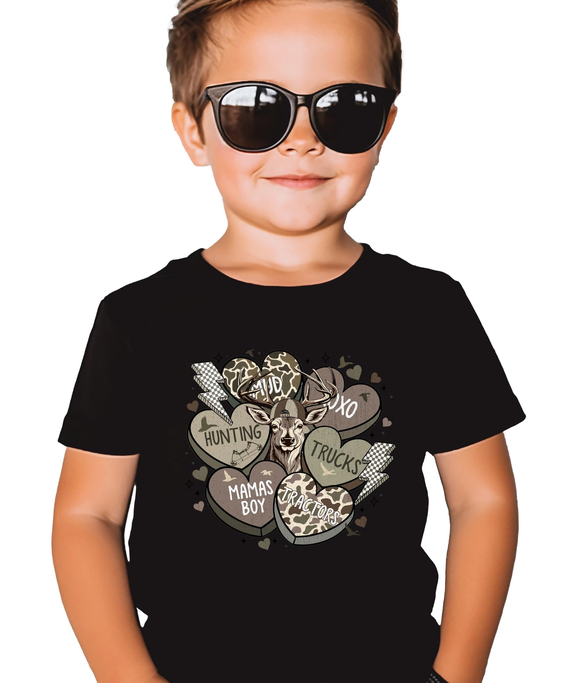 Youth Valentine's Day shirt with camo conversation hearts print on black tee, front view