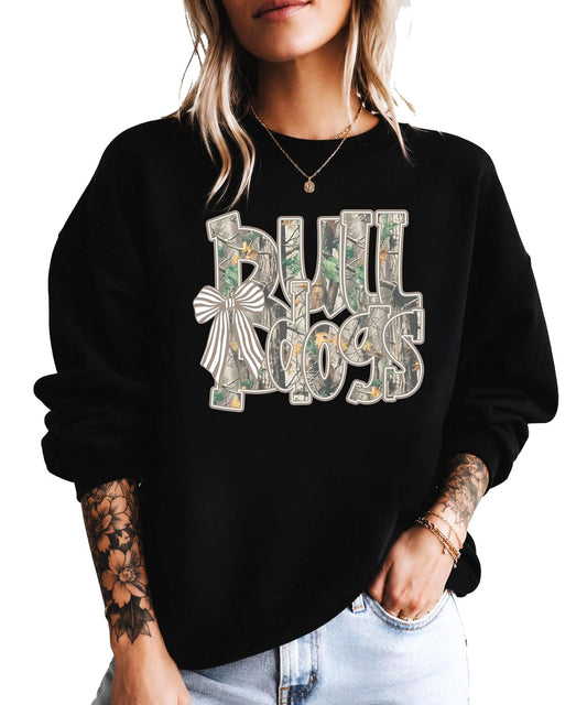 Olive Loves Apple Bulldogs Camo Coquette Bow Sweatshirt for Women & Teens School Spirit Game Day Crewneck