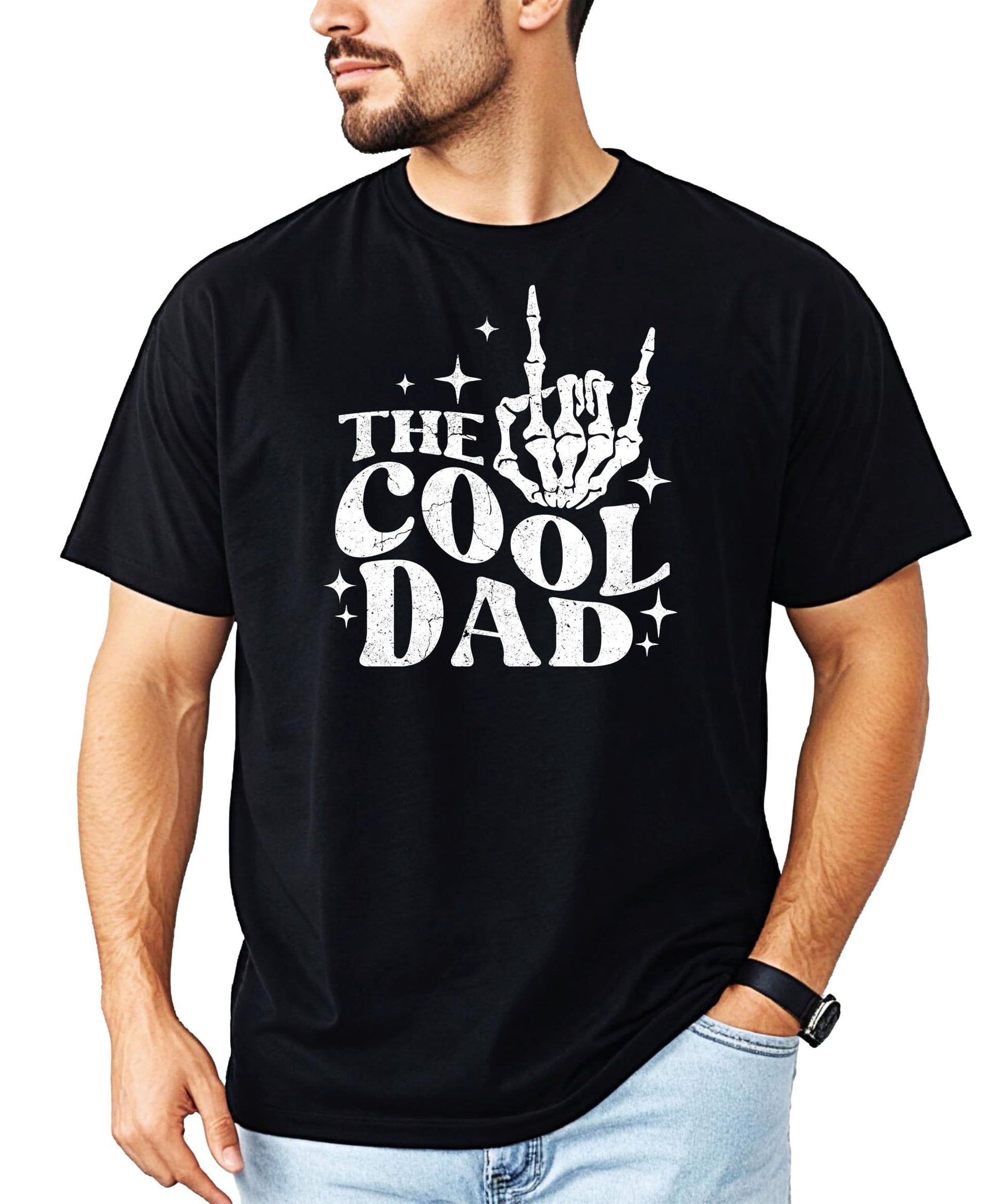 Men's black graphic tee featuring a skeleton hand throwing a rock sign with 'Cool Dad' design
