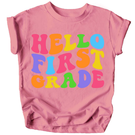 Purple Hello 1st Grade wavy graphic tee for kids back to school