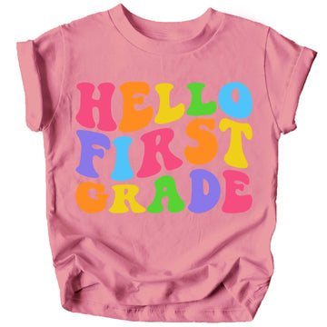 Purple Hello 1st Grade wavy graphic tee for kids back to school