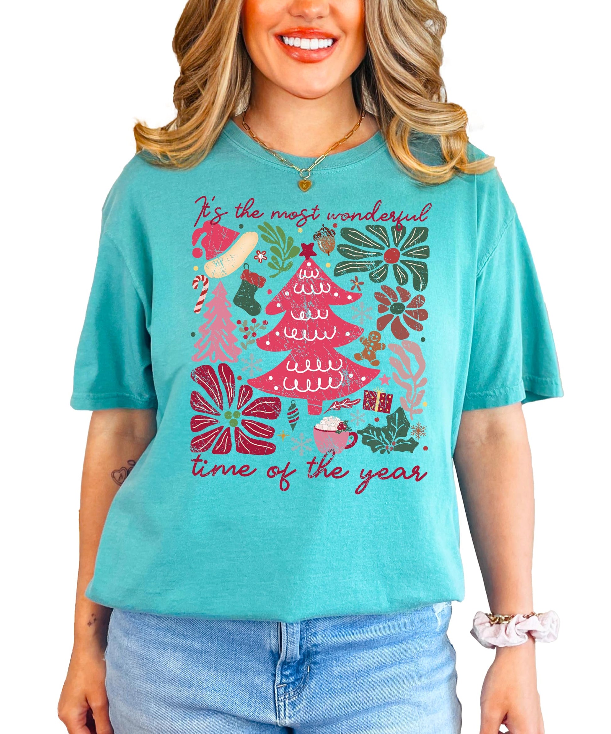 Front view of festive holiday collage Christmas shirt for women and teens in ivory