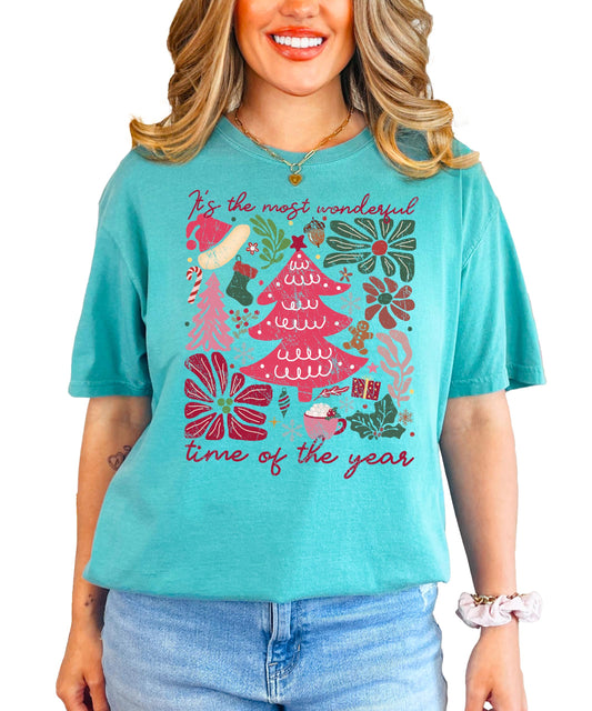 Front view of festive holiday collage Christmas shirt for women and teens in ivory