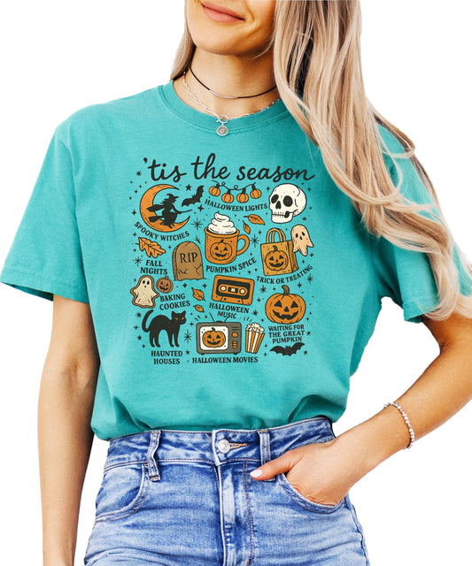 Close-up of Halloween fall things graphic design on black t-shirt