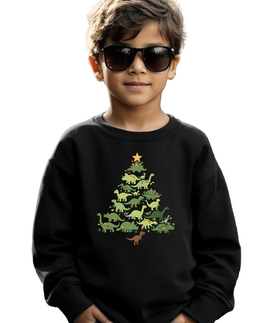 Trendy Dinosaur Christmas Tree Sweatshirt for Youth and Toddler Boys and Girls Cute Dino Holiday Sweater Black Sweatshirt Youth Small