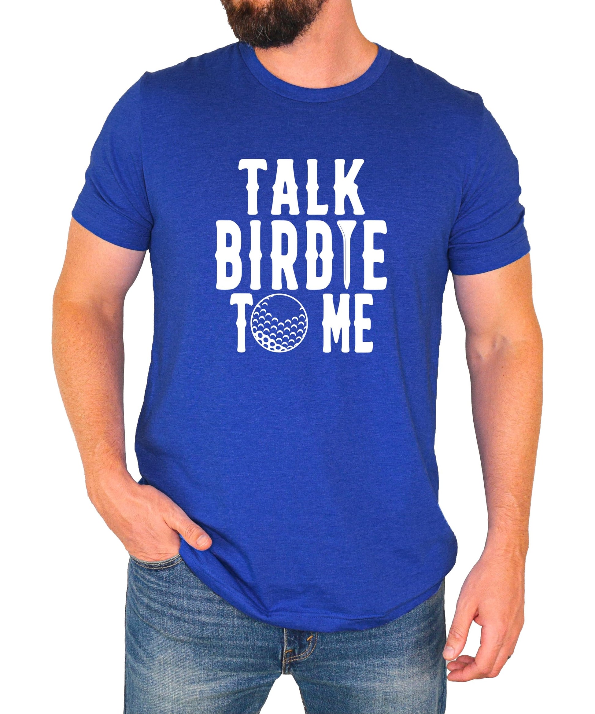 Talk Birdie To Me golf tee shirt back view showing fit and style