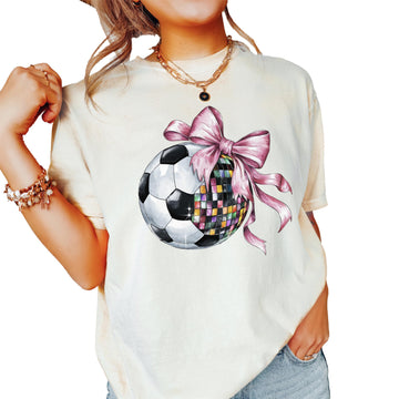 Disco Soccer Ball Shirt for Women and Teens Girly Coquette Bow Soccer Season Oversized Tee