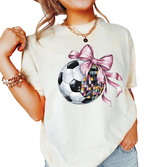 Disco Soccer Ball Shirt for Women and Teens Girly Coquette Bow Soccer Season Oversized Tee