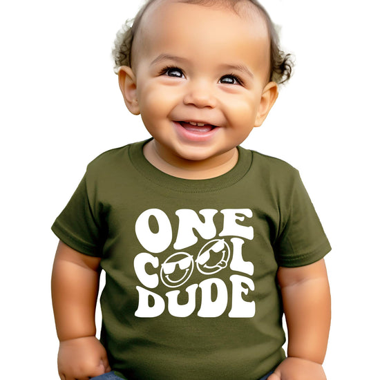 Black toddler birthday tee with One Cool Dude retro graphic design for first birthday party