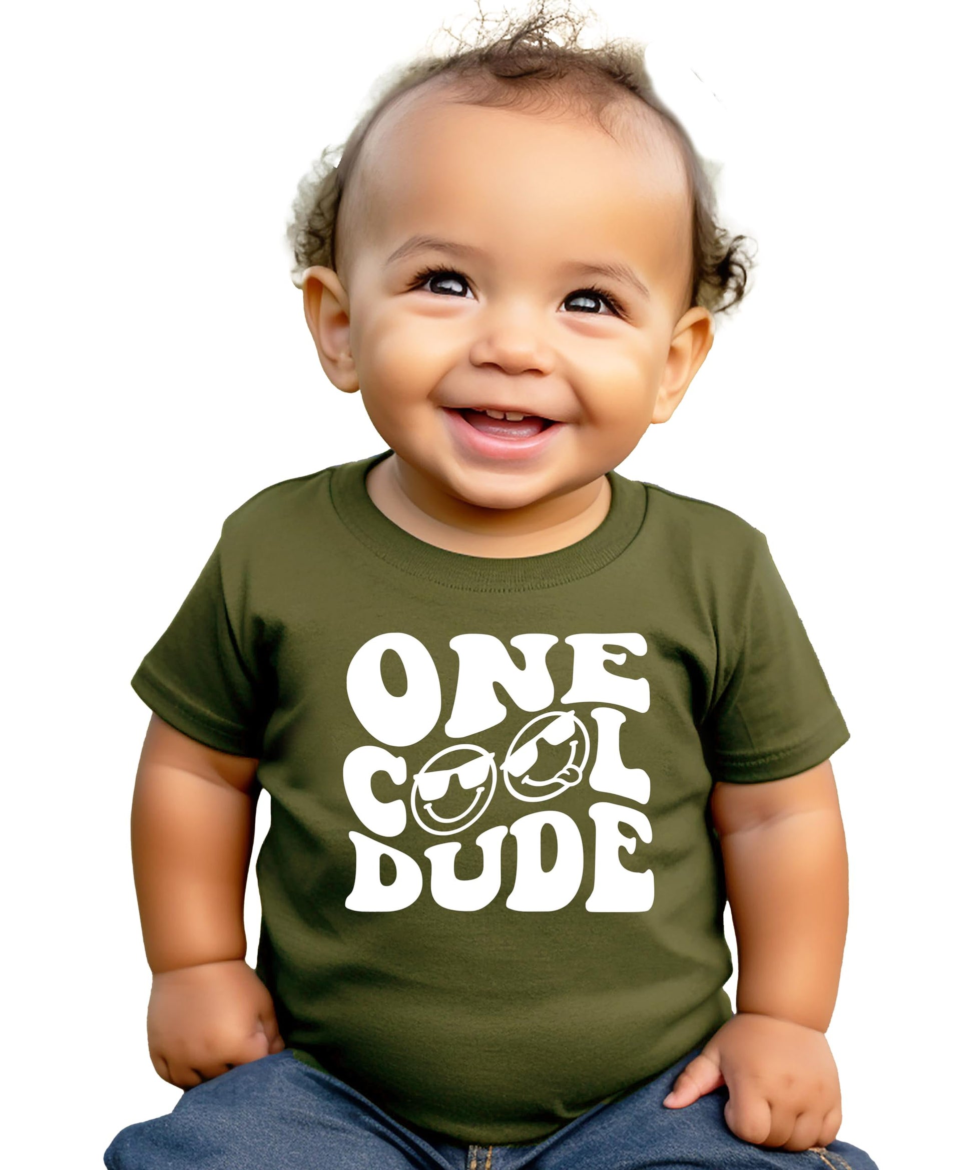 Black toddler birthday tee with One Cool Dude retro graphic design for first birthday party