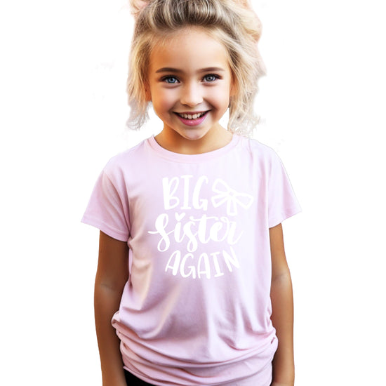 Big Sister Again sibling announcement shirt in mauve with bow design for girls