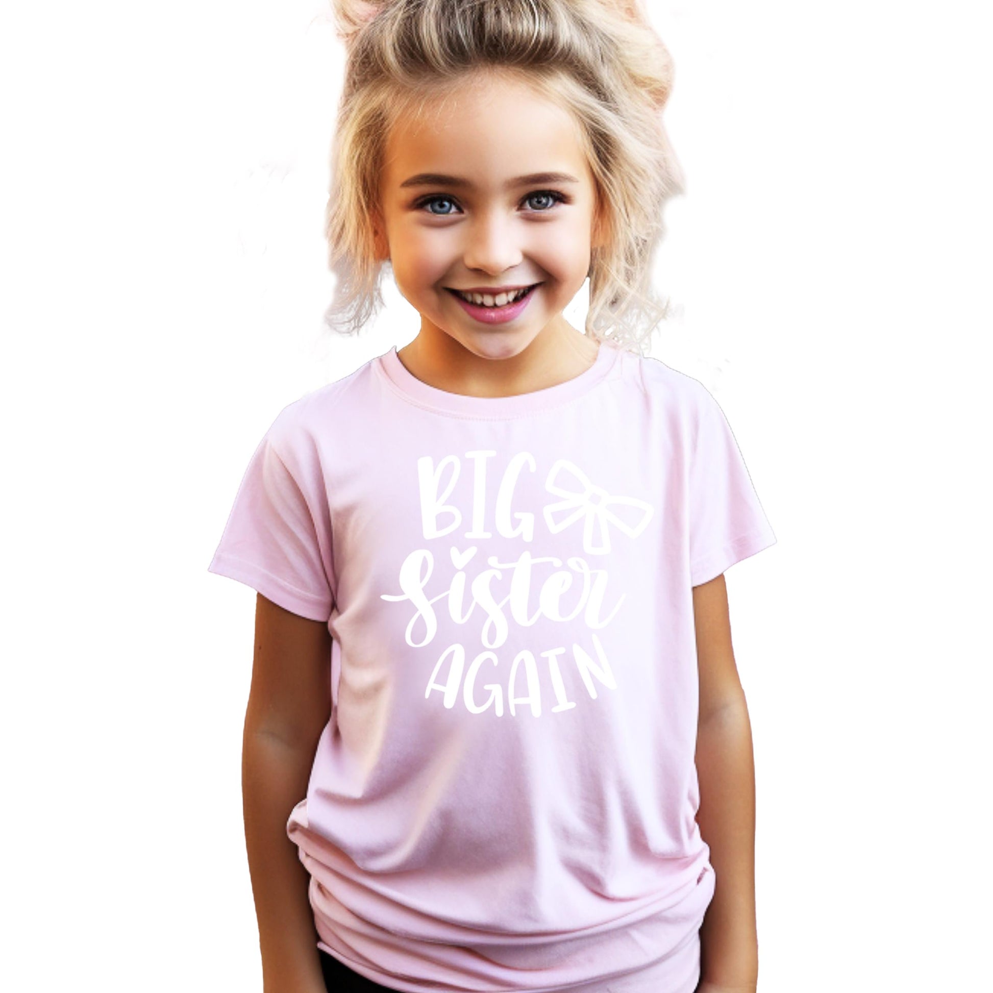 Big Sister Again sibling announcement shirt in mauve with bow design for girls