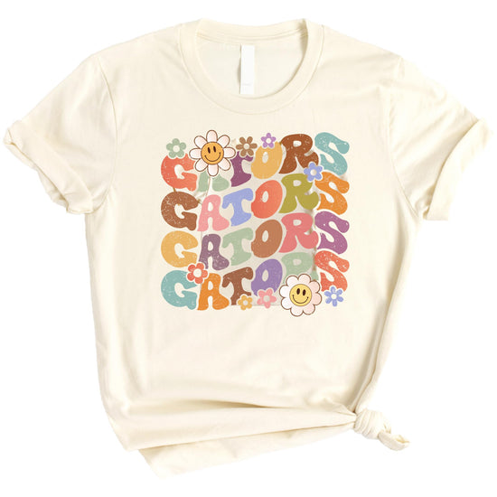 Gators retro graphic tee laid flat showing full colorful design on natural fabric