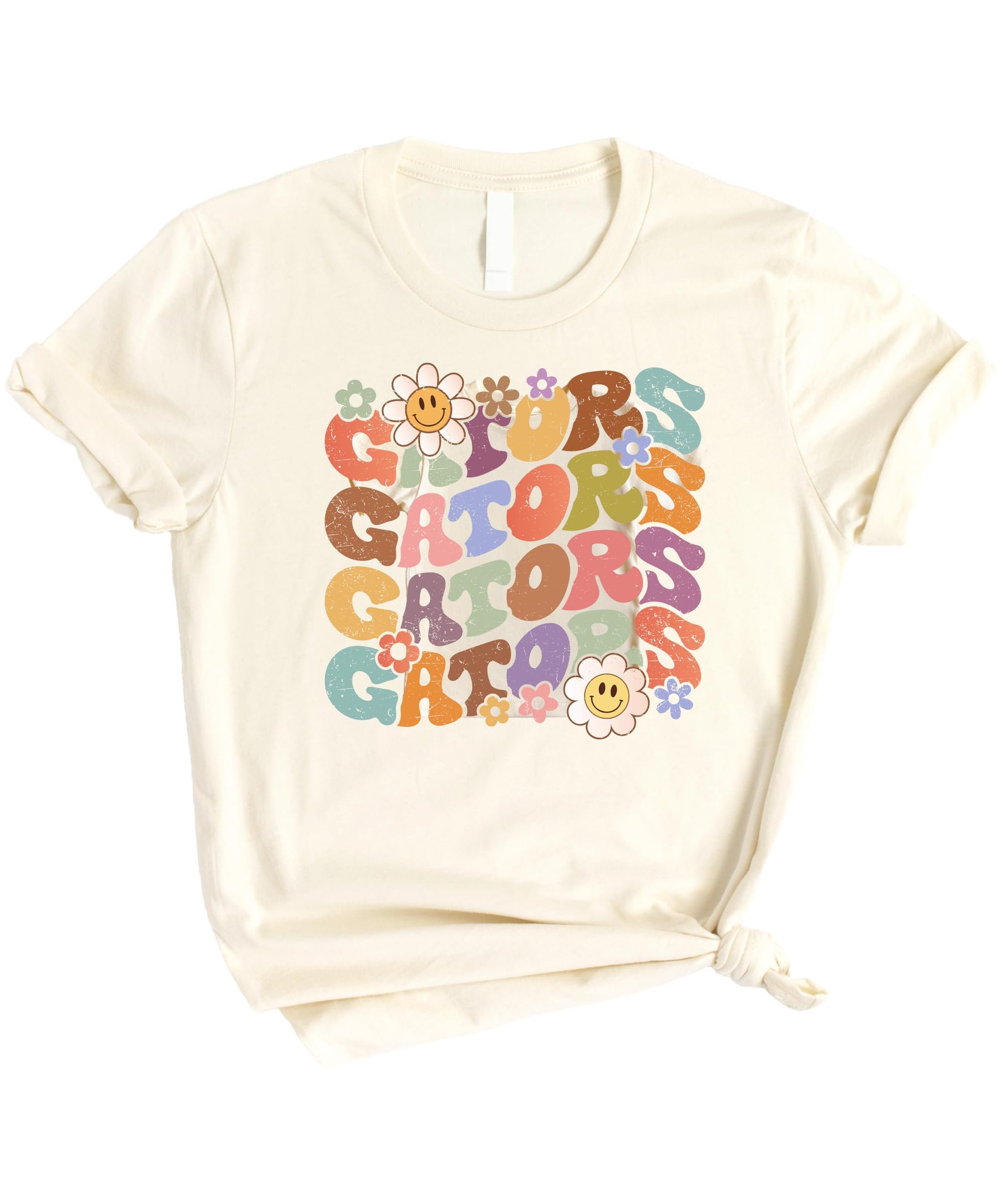 Gators retro graphic tee laid flat showing full colorful design on natural fabric