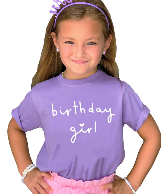 Close-up of Birthday Girl heart graphic print on military green kids t-shirt