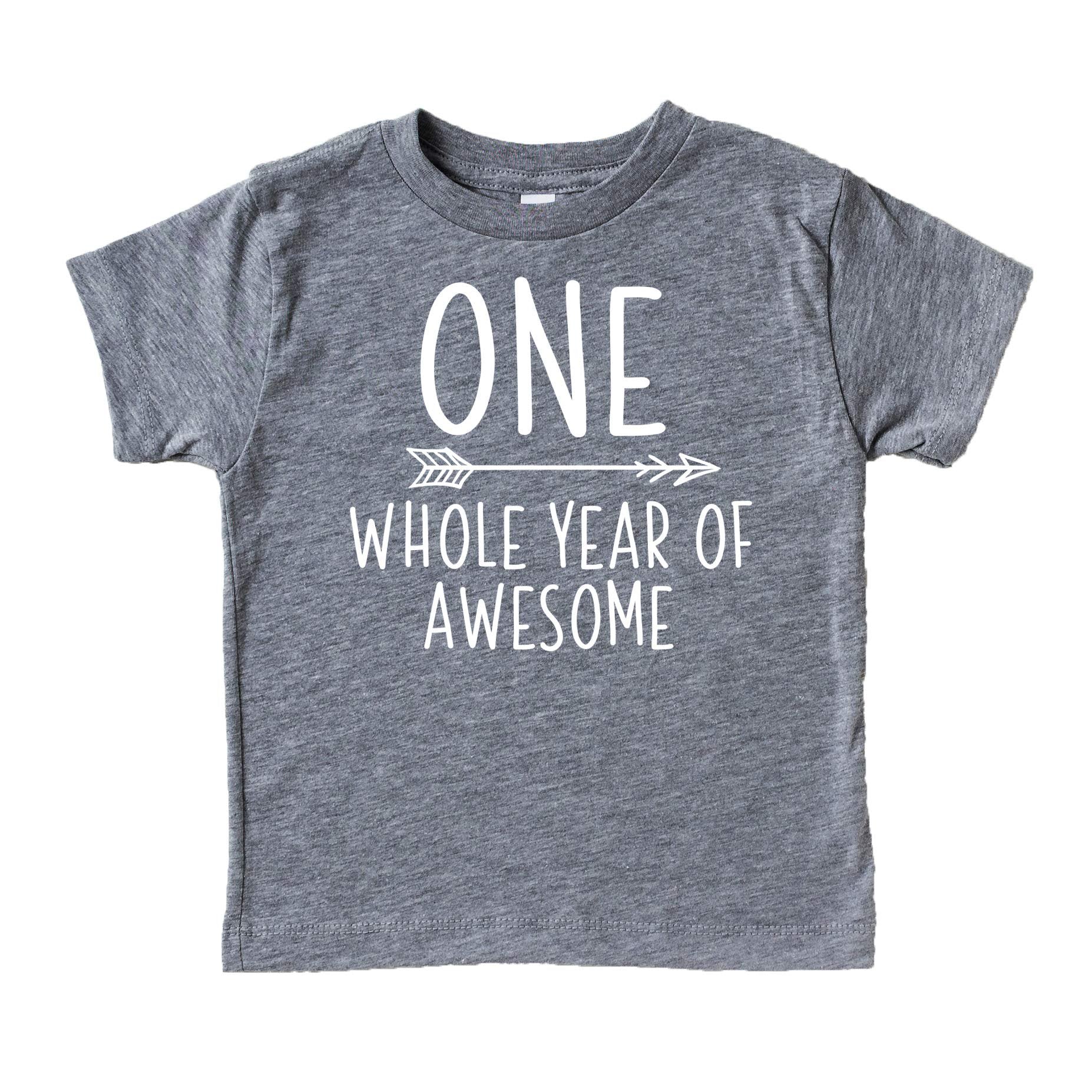 Front view of boys first birthday outfit shirt with bold One Whole Year of Awesome design