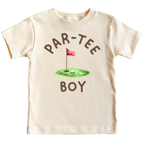 Kids natural tee with Par-Tee Boy golf birthday graphic design for boys