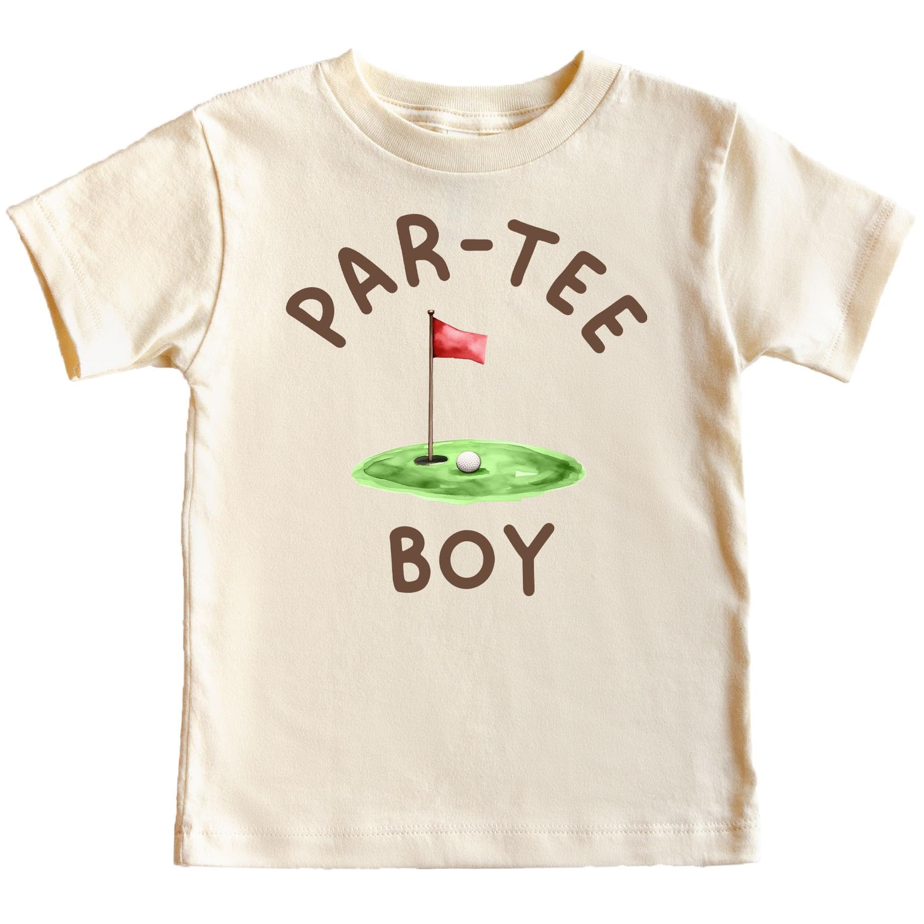 Kids natural tee with Par-Tee Boy golf birthday graphic design for boys