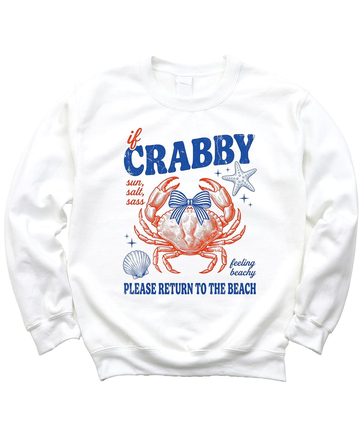 Woman wearing white 'If Crabby Please Return to the Beach' crewneck sweatshirt in relaxed fit