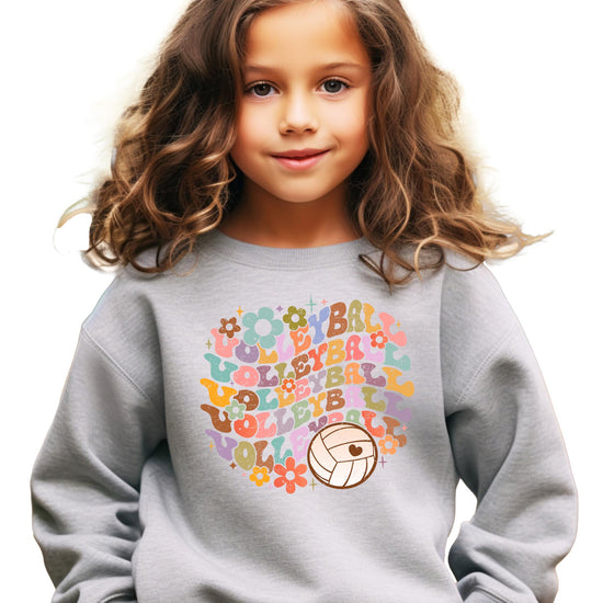 Flat lay of gray volleyball sweatshirt displaying full front design with flower power graphics