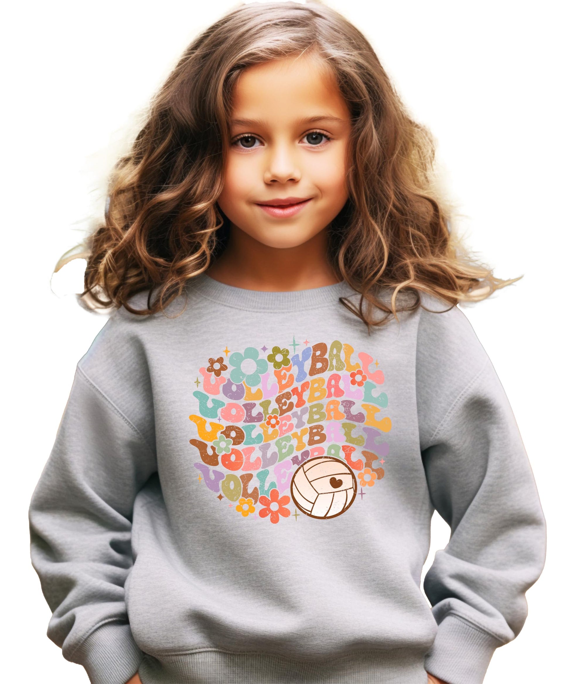 Flat lay of gray volleyball sweatshirt displaying full front design with flower power graphics