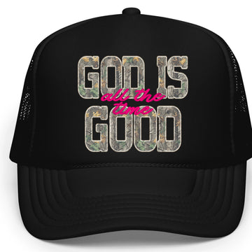God is Good All The Time Trucker Hat for Women Camo Classic 5 Panel Foam Front Mesh Snapback