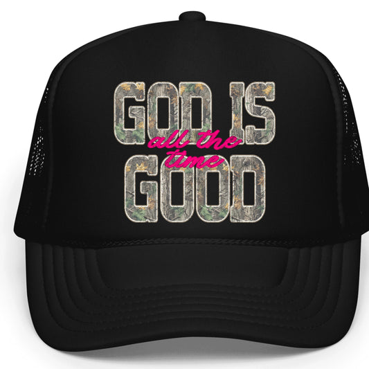 God is Good All The Time Trucker Hat for Women Camo Classic 5 Panel Foam Front Mesh Snapback