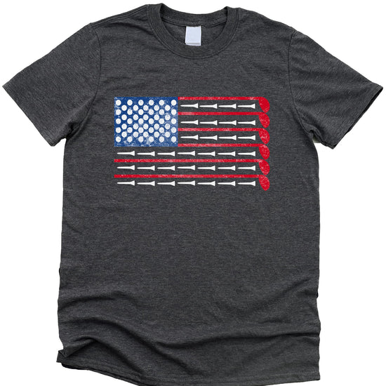 Men modeling heather blue American flag golf graphic tee outdoors