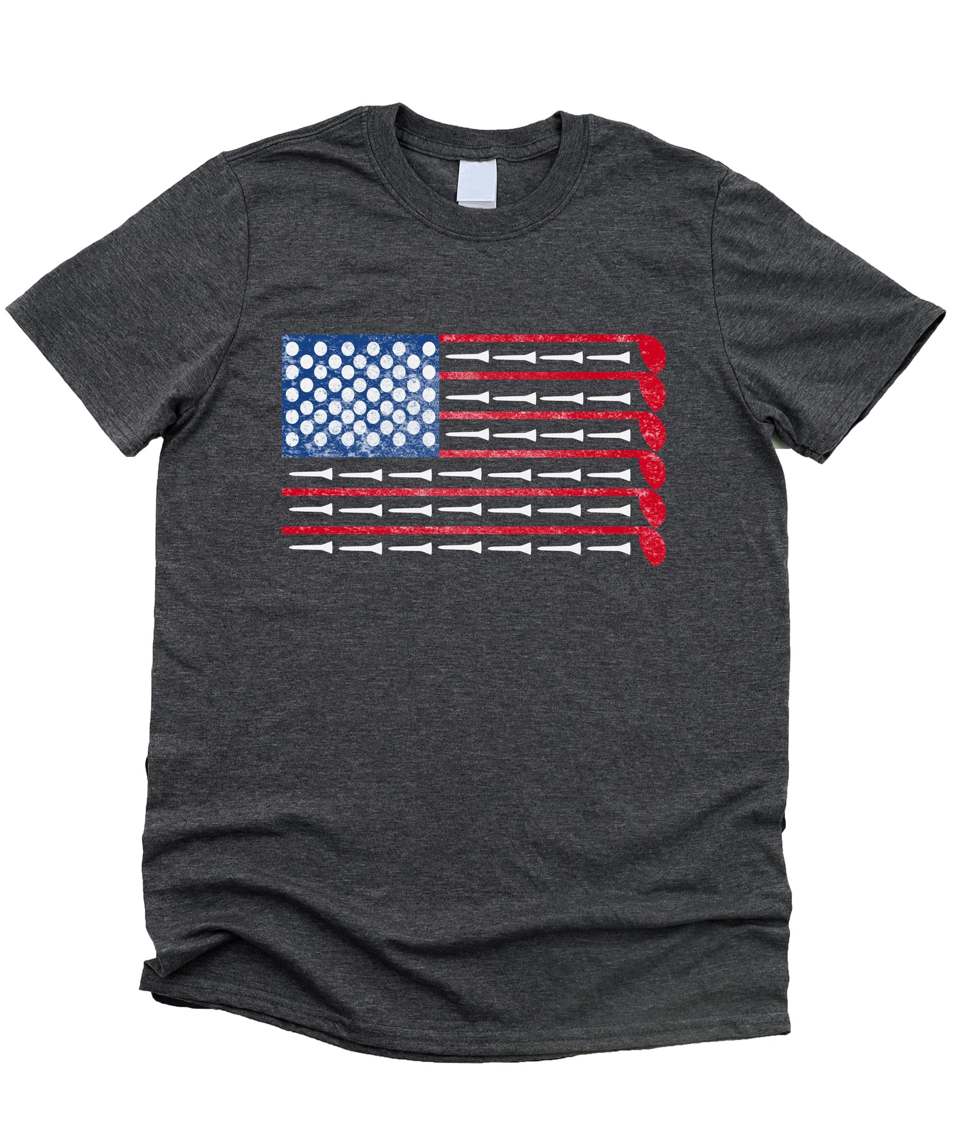 Men modeling heather blue American flag golf graphic tee outdoors