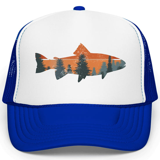 Trout fishing sunset trucker hat front view - white and royal blue foam front snapback