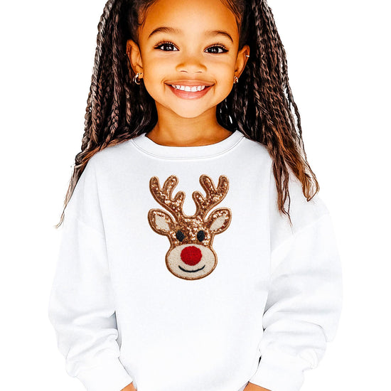 Olive Loves Apple reindeer Christmas pullover sweatshirt in black laid flat
