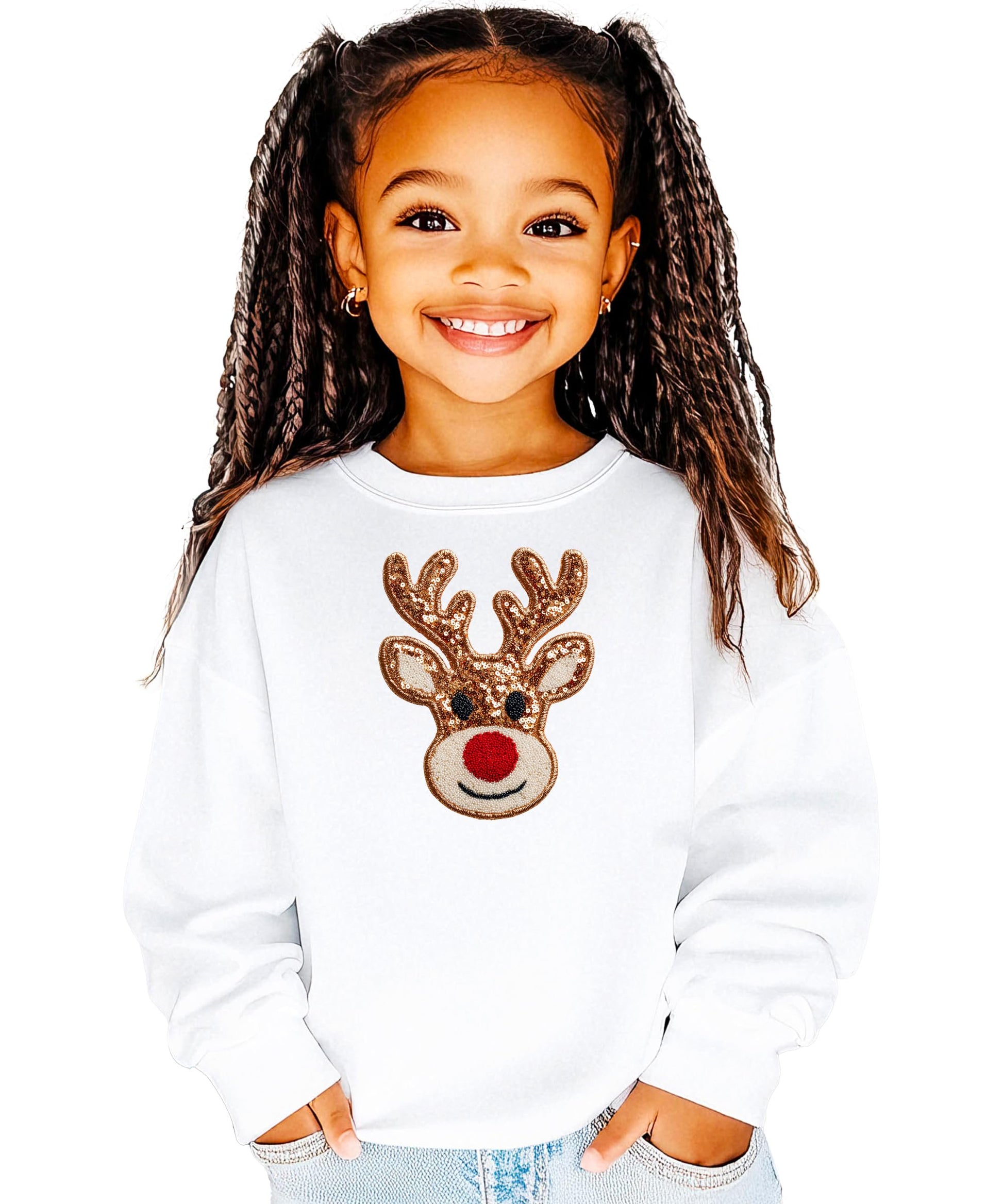 Olive Loves Apple reindeer Christmas pullover sweatshirt in black laid flat