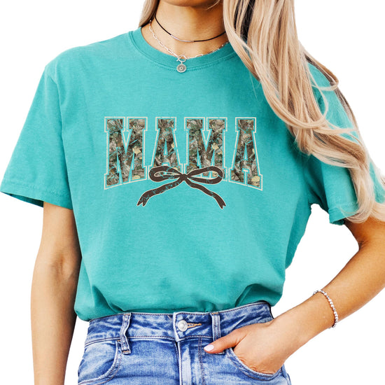 Lifestyle photo of women wearing trendy seafoam Mama camo tee, relaxed casual fit