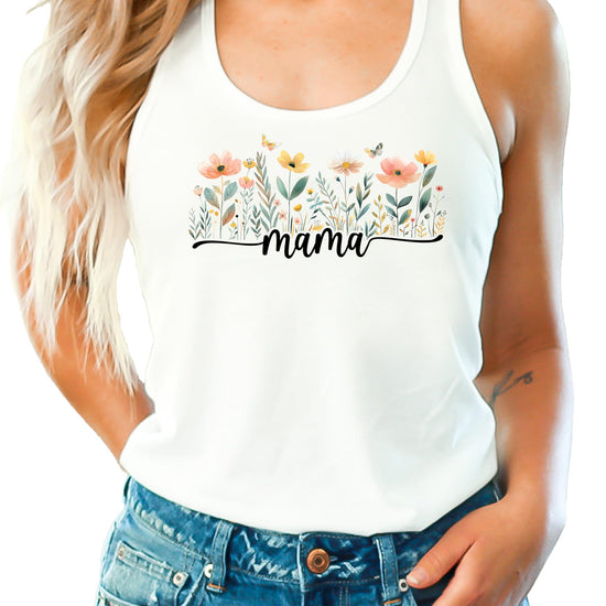 White women's tank top with boho wildflower Mama graphic design, front view