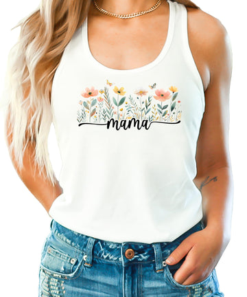 White women's tank top with boho wildflower Mama graphic design, front view