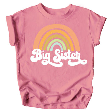 Retro rainbow Big Sister sibling reveal shirt for toddler girls in mauve with colorful heart graphic