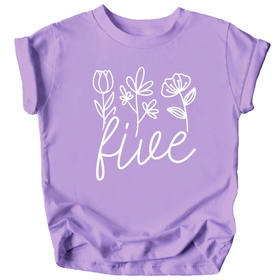 Military green toddler tee with white floral Five graphic for girls 5th birthday outfit